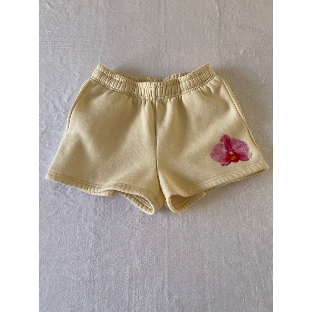Edikted Women's Cream Yellow Fleece Orchid Babe Graphic Sweat Shorts Elastic